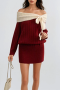 Devi Off Shoulder Knit Bow Mini Dress