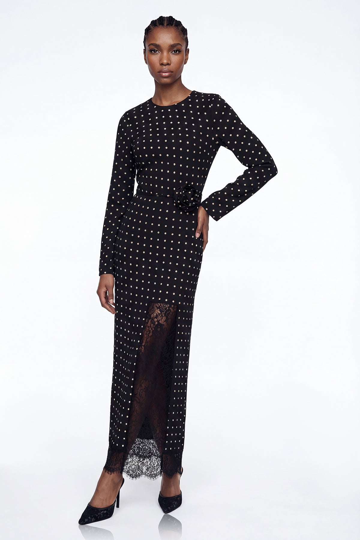 Devonte Dot Flower Lace Maxi Dress In Black