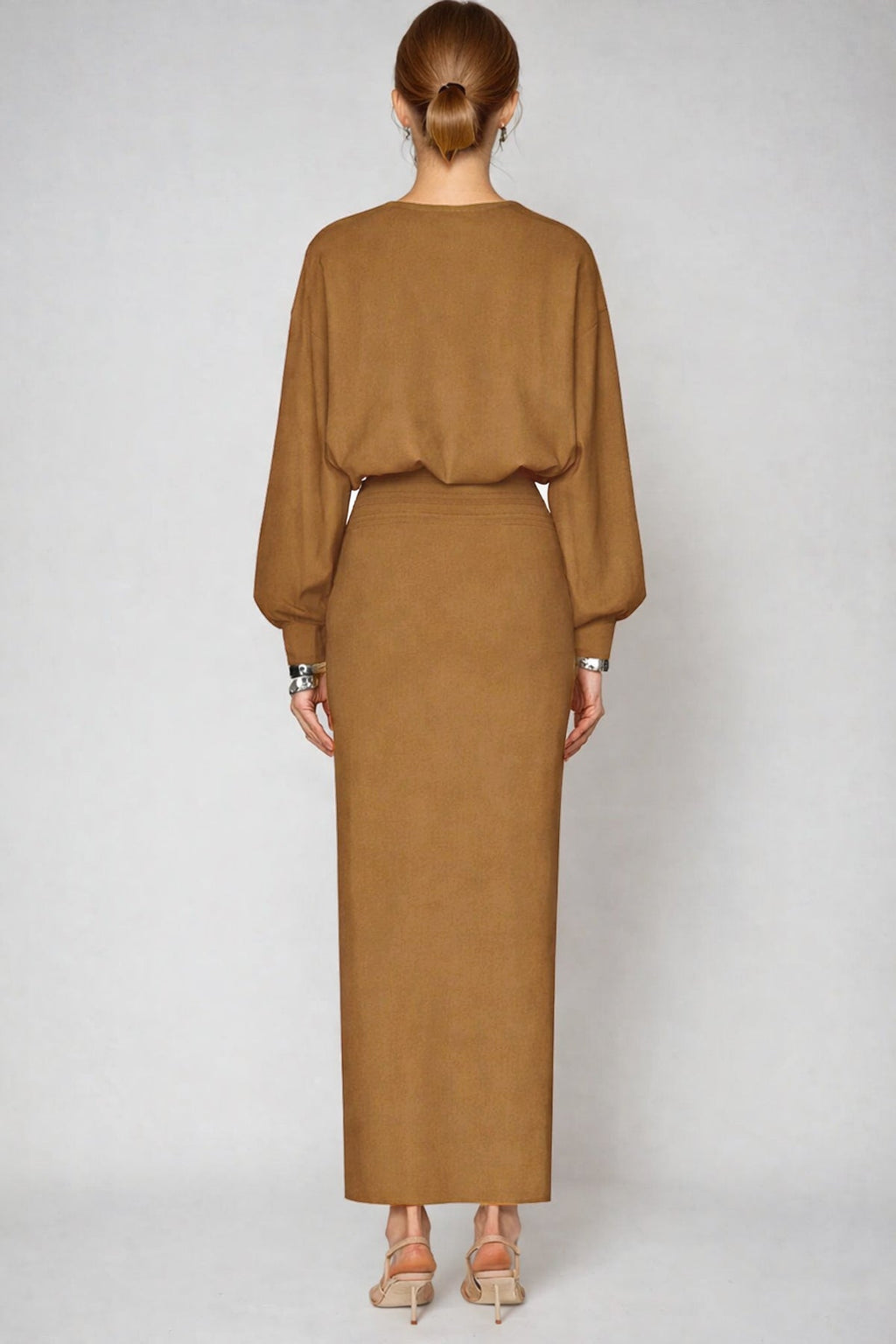 Dominic Balloon Sleeve Bodycon Maxi Dress In Khaki