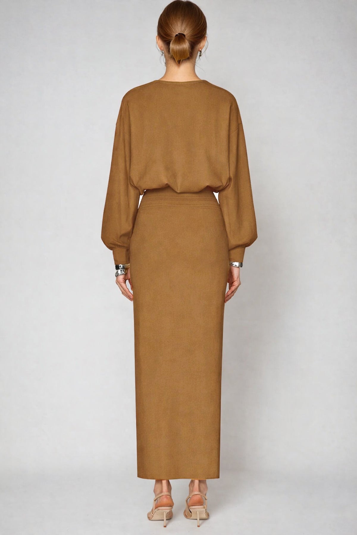 Dominic Balloon Sleeve Bodycon Maxi Dress In Khaki