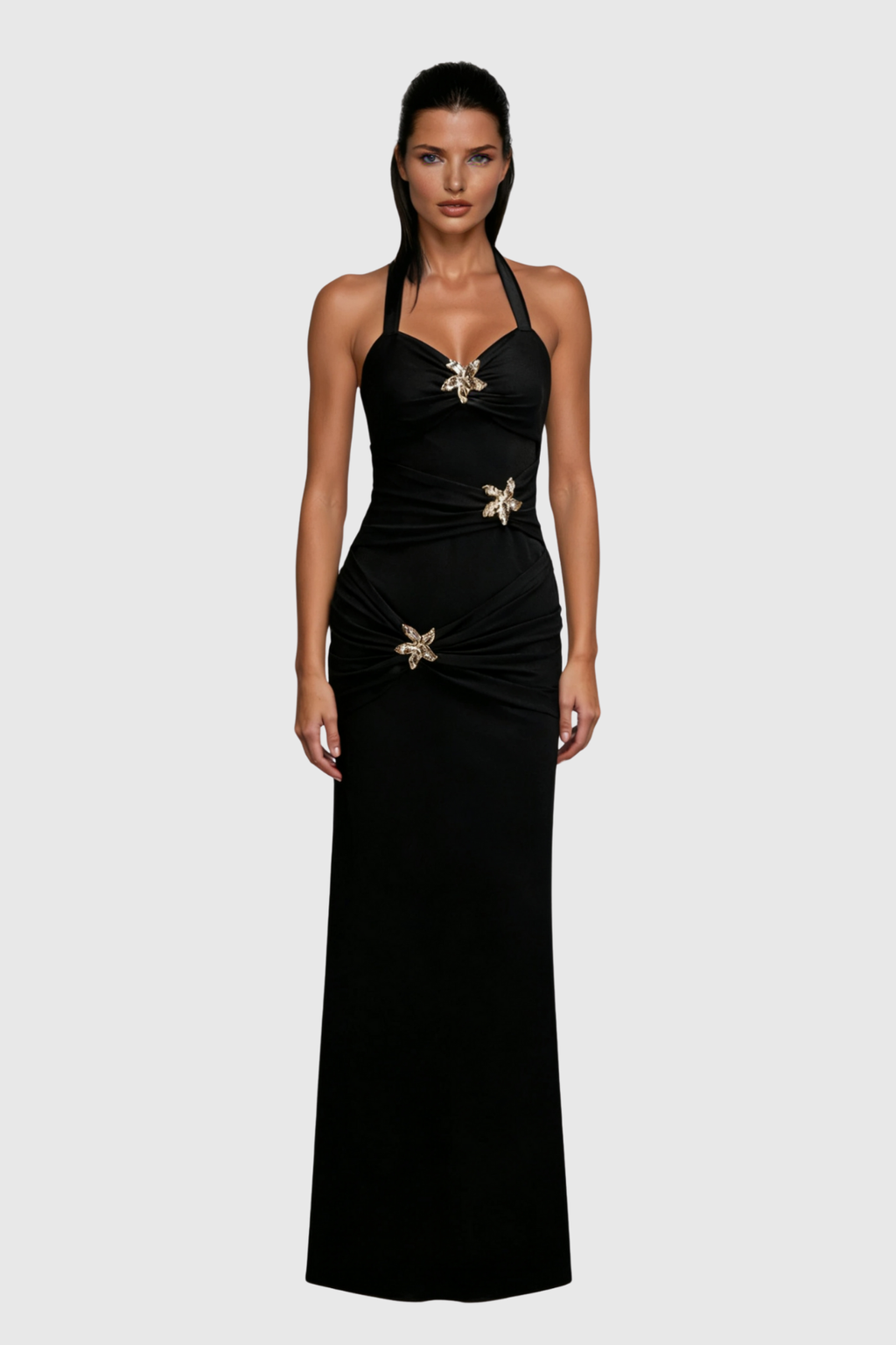 Dor Halter Neck Embellished Maxi Dress In Black