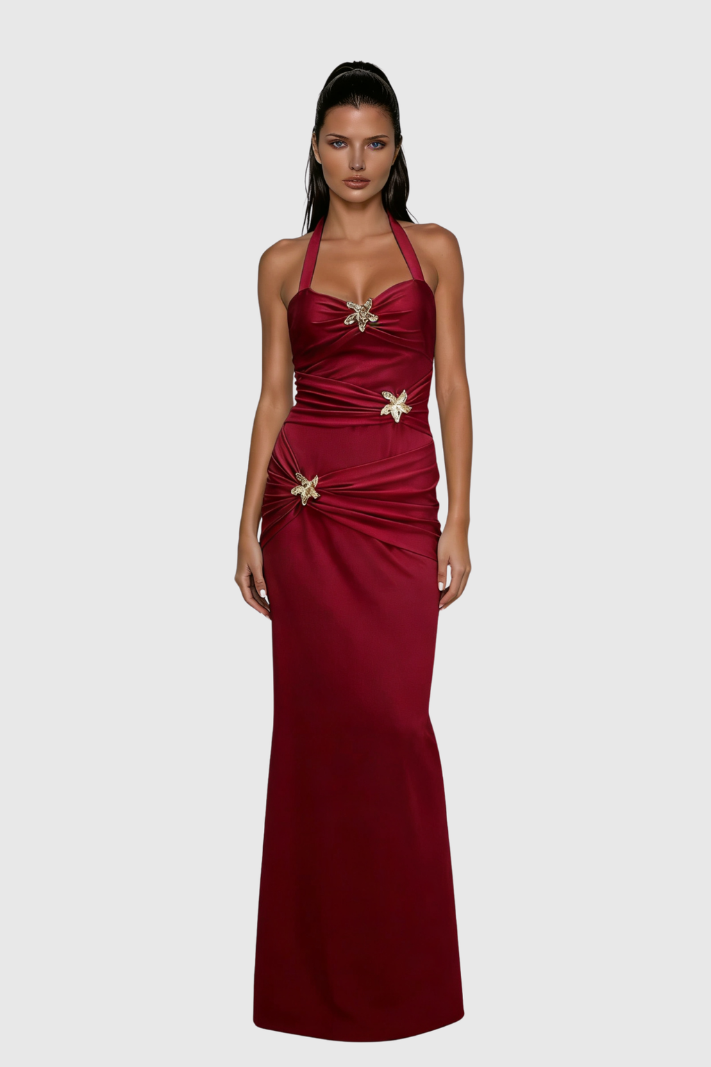 Dor Halter Neck Embellished Maxi Dress In Red