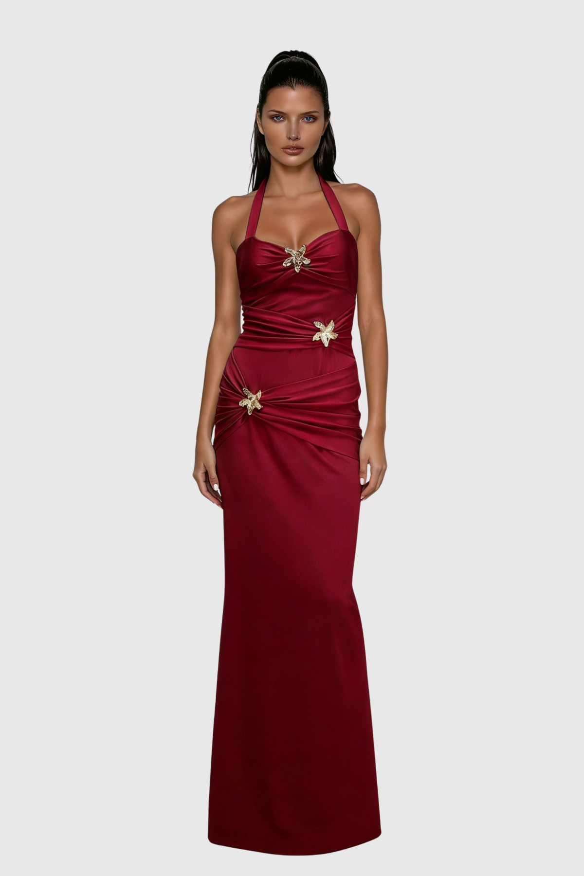 Dor Halter Neck Embellished Maxi Dress In Red