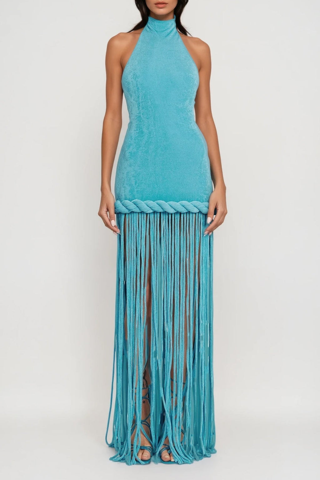 Dorel Halter Neck Twist Fringe Maxi Dress In Blue