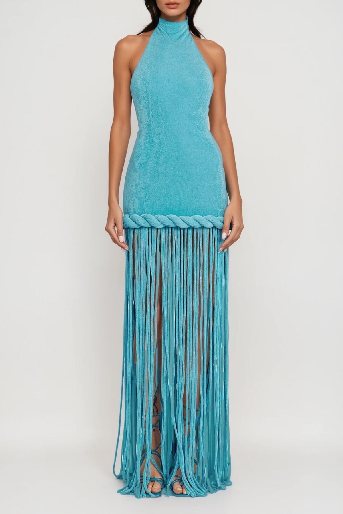 Dorel Halter Neck Twist Fringe Maxi Dress In Blue