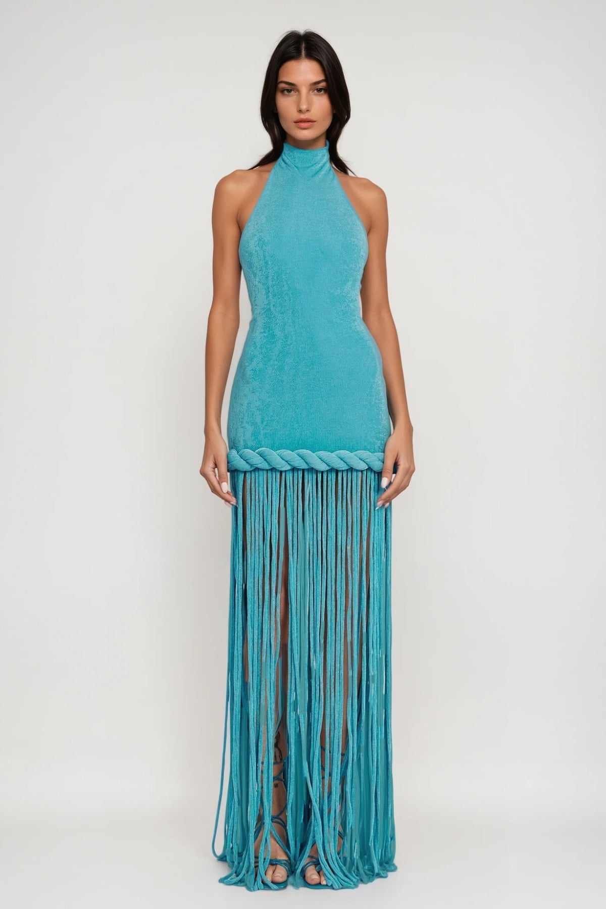Dorel Halter Neck Twist Fringe Maxi Dress In Blue