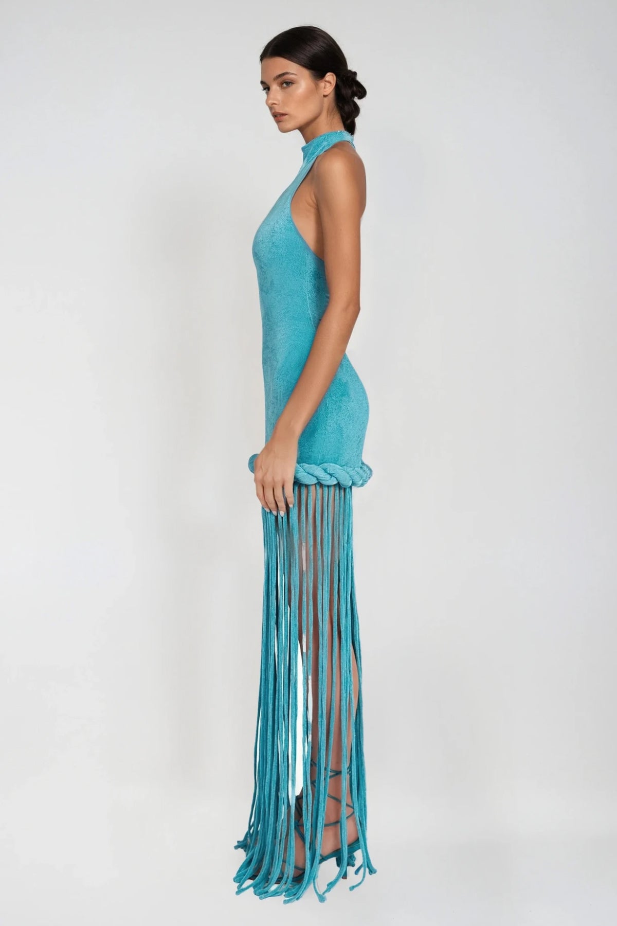 Dorel Halter Neck Twist Fringe Maxi Dress In Blue