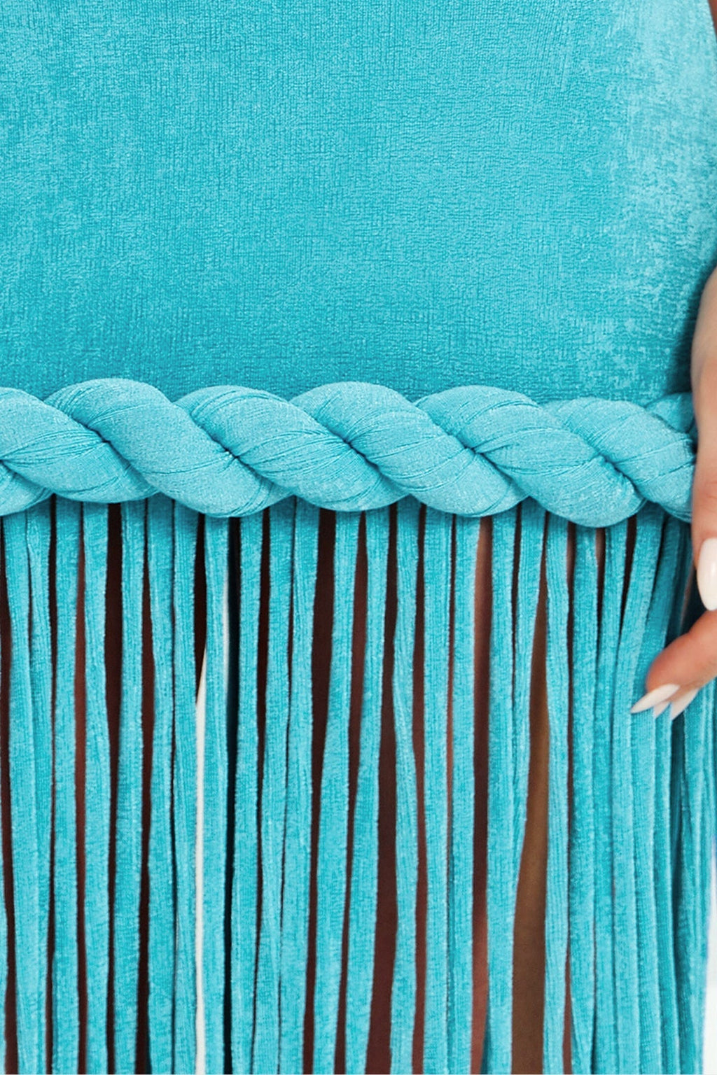 Dorel Halter Neck Twist Fringe Maxi Dress In Blue