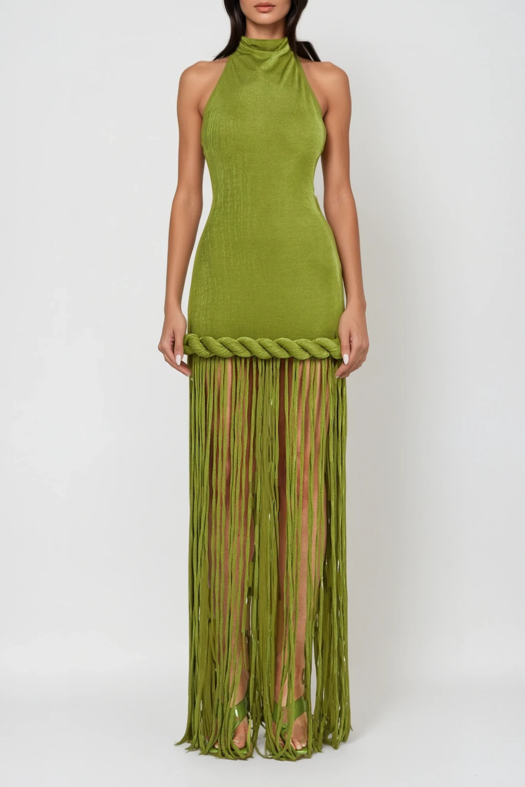 Dorel Halter Neck Twist Fringe Maxi Dress In Green