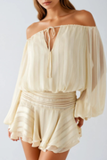 Dorota Off Shoulder Ruch Stripe Mini Dress In Apricot