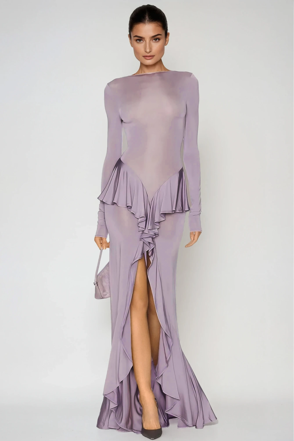 Doug Backless Ruffle Maxi Dress In Purple