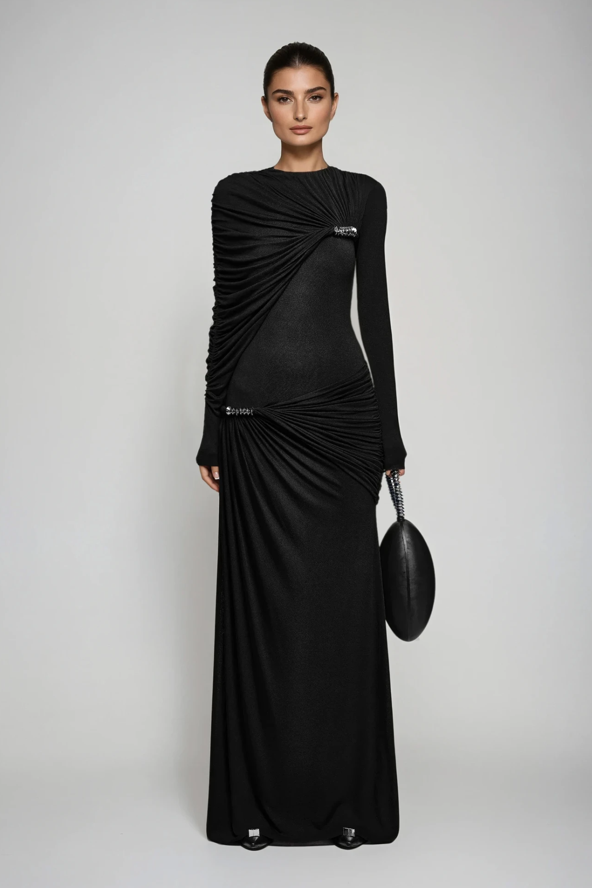 Douglass Asymmetric Ruch Maxi Dress In Black