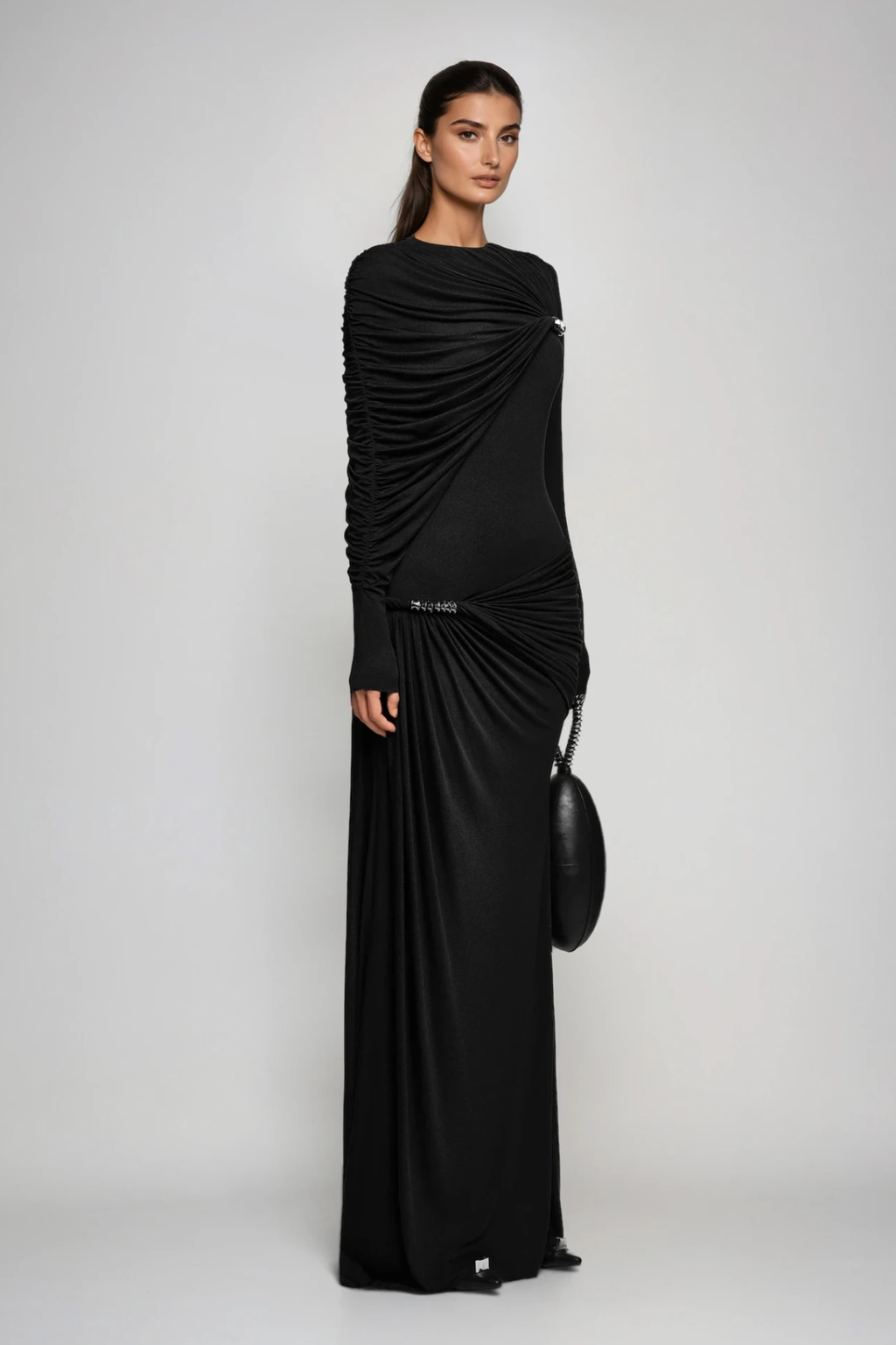 Douglass Asymmetric Ruch Maxi Dress In Black
