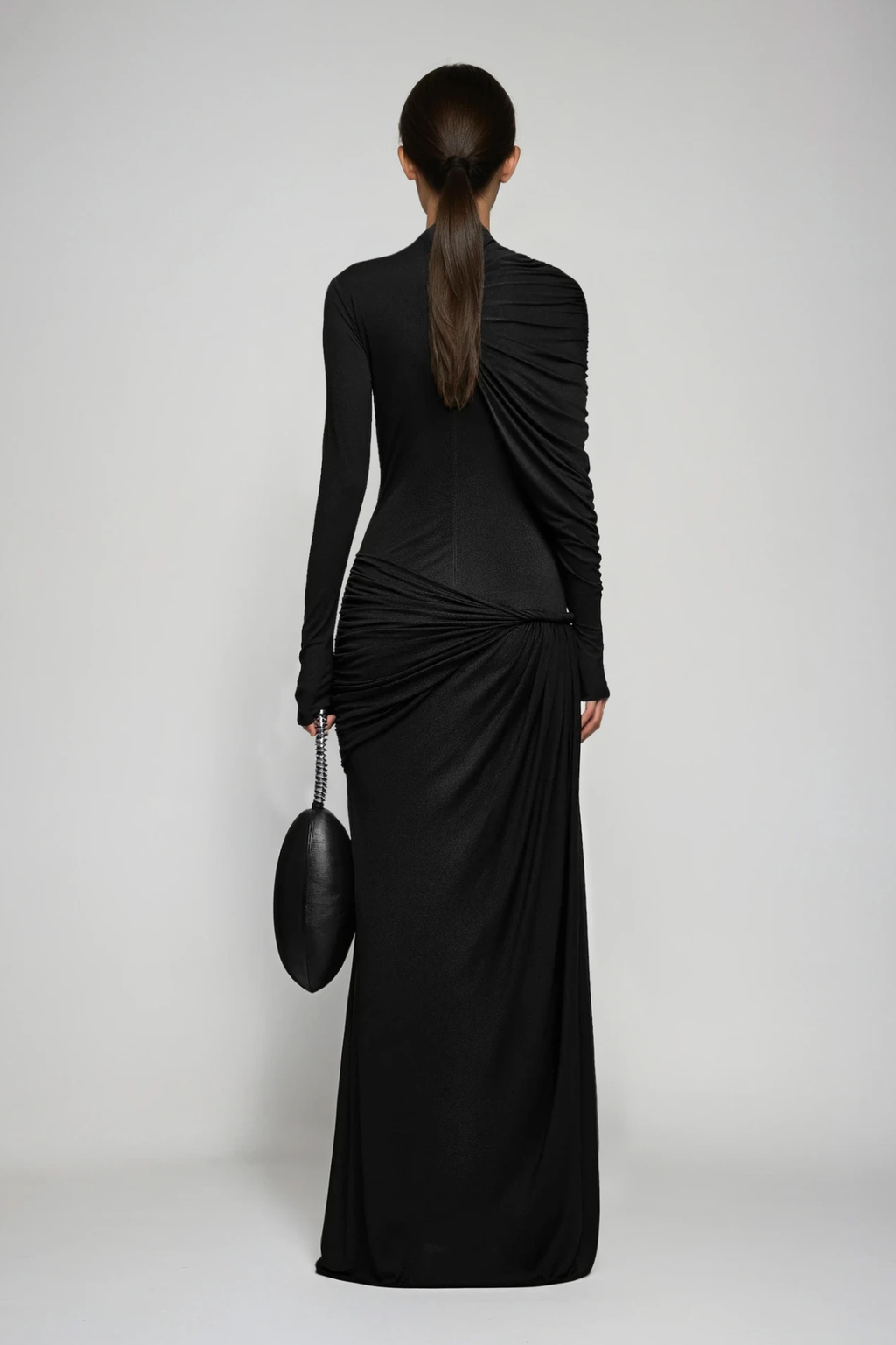 Douglass Asymmetric Ruch Maxi Dress In Black