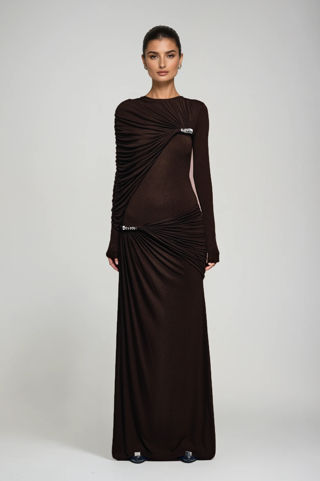 Douglass Asymmetric Ruch Maxi Dress In Brown
