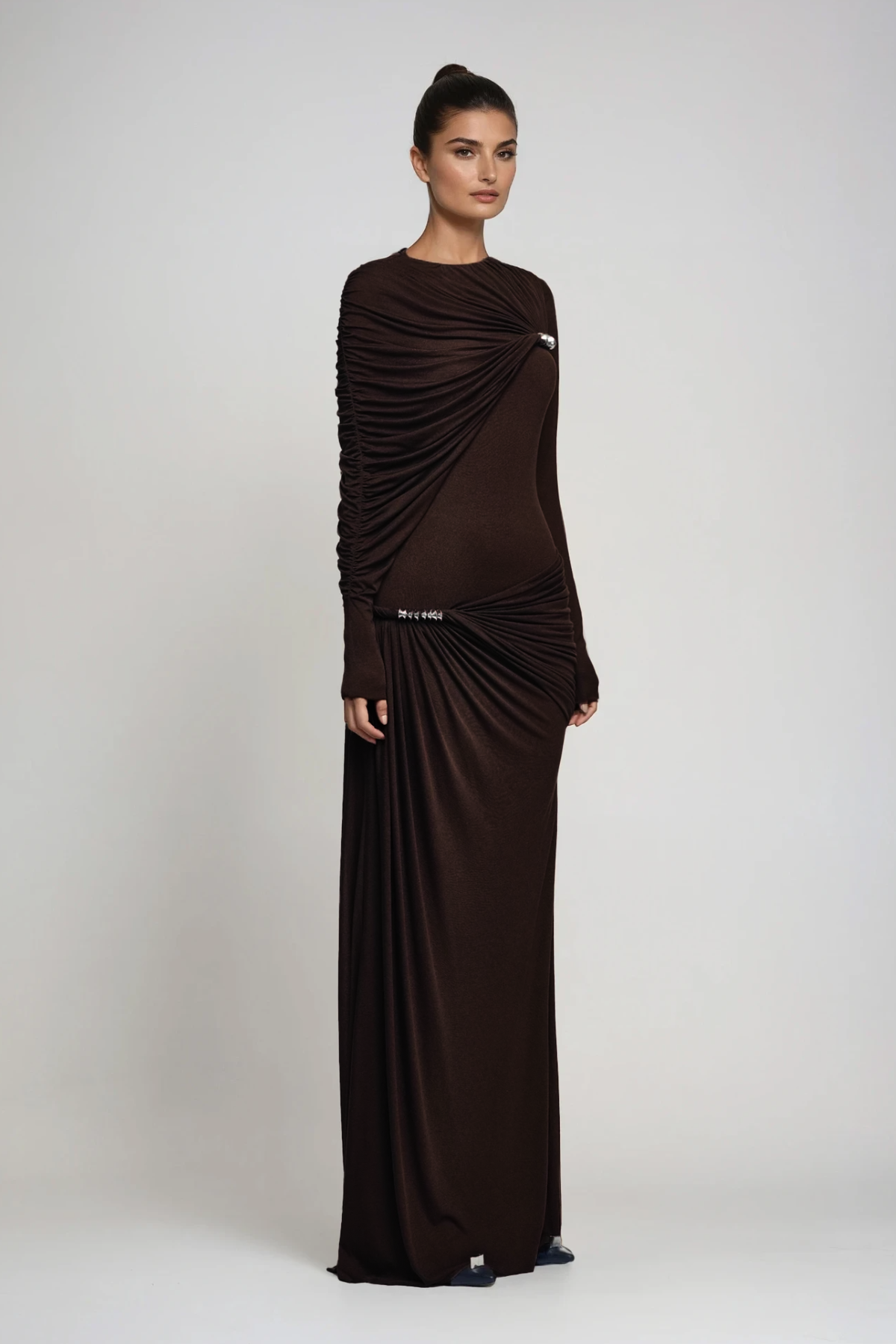 Douglass Asymmetric Ruch Maxi Dress In Brown