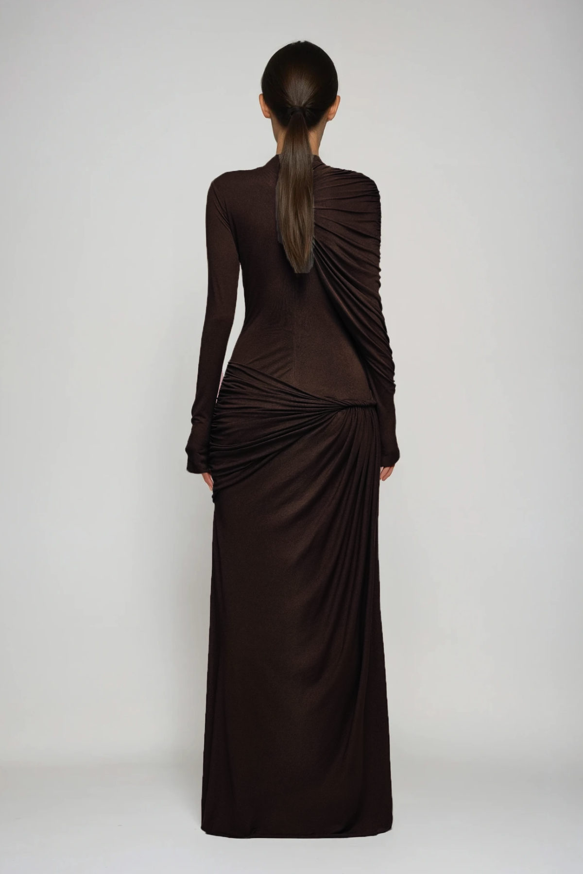 Douglass Asymmetric Ruch Maxi Dress In Brown