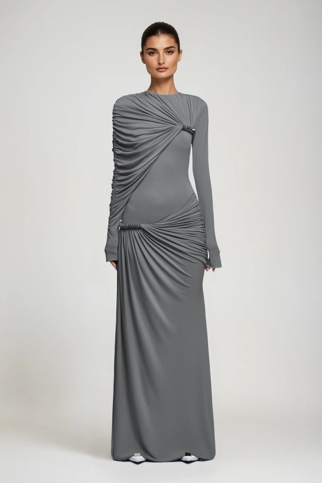 Douglass Asymmetric Ruch Maxi Dress In Grey