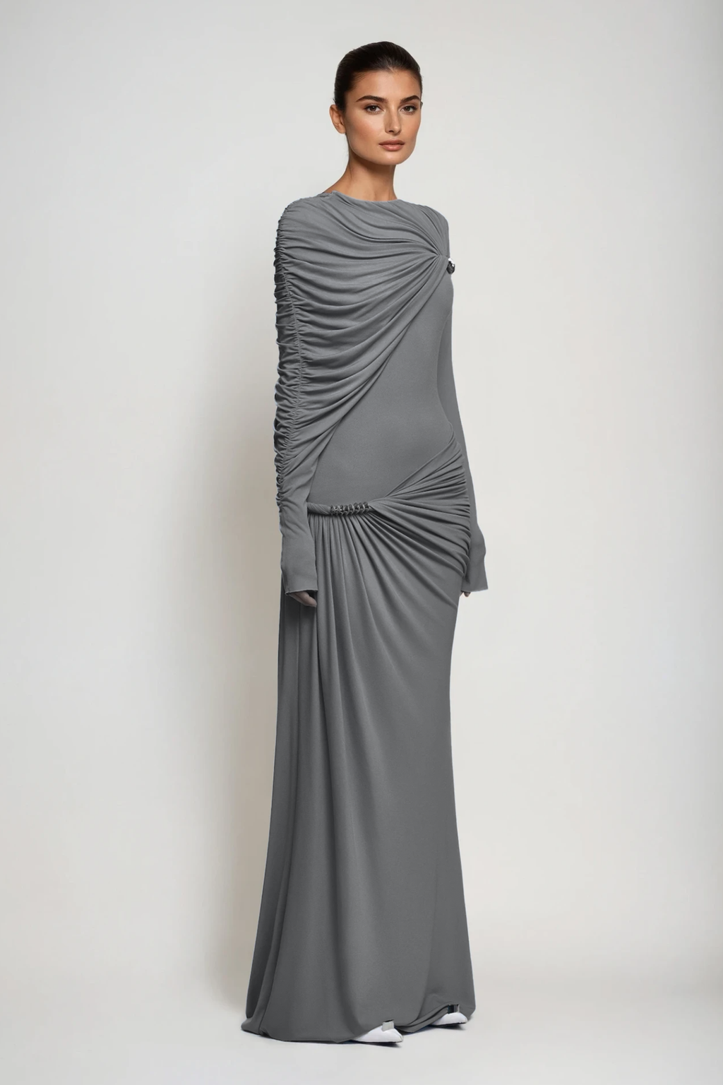 Douglass Asymmetric Ruch Maxi Dress In Grey