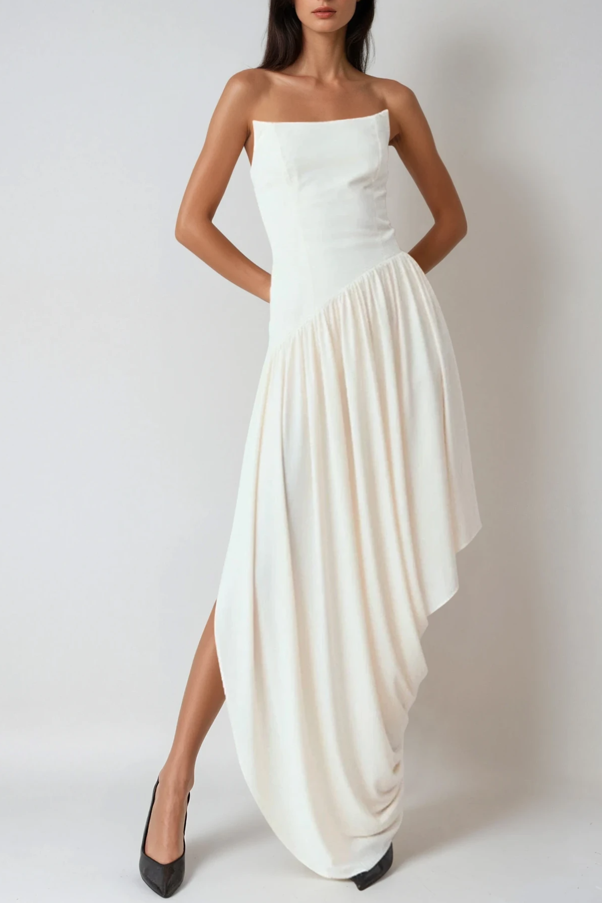 Dru Strapless Asymmetric Draped Maxi Dress In White