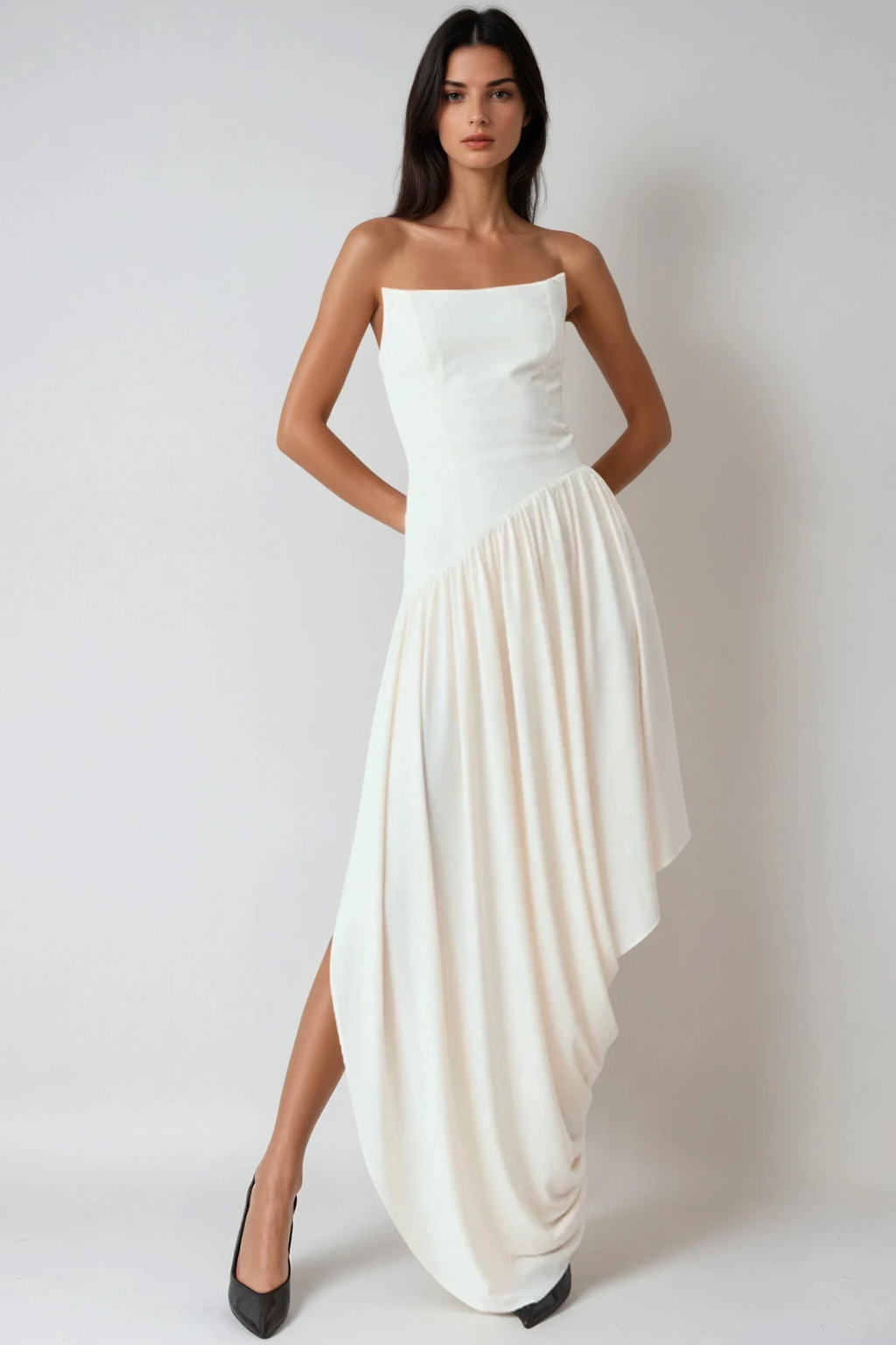 Dru Strapless Asymmetric Draped Maxi Dress In White