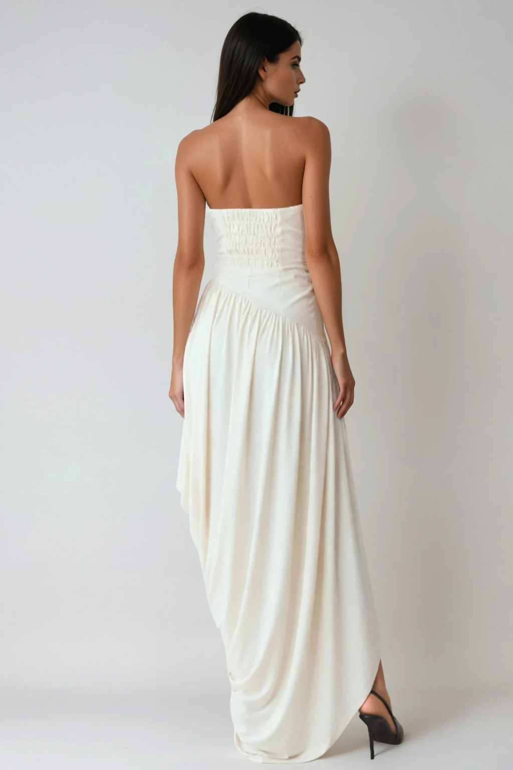Dru Strapless Asymmetric Draped Maxi Dress In White