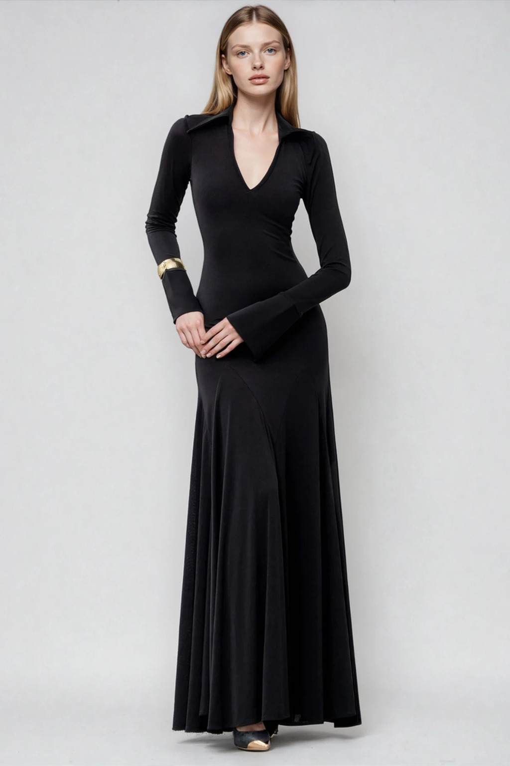 Durans Bell Sleeve Plunge Maxi Dress
