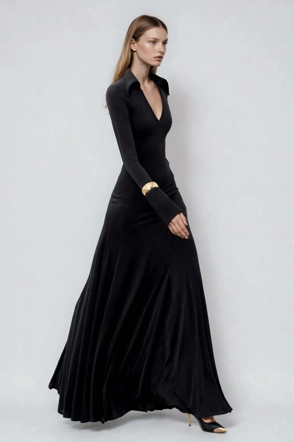 Durans Bell Sleeve Plunge Maxi Dress