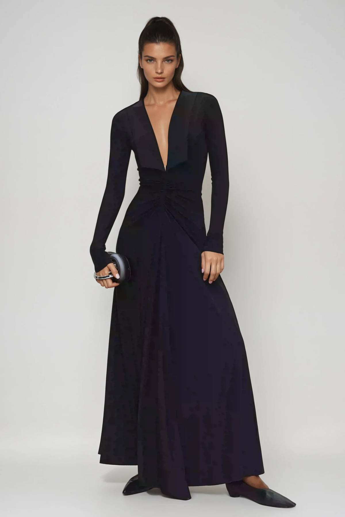 Durans Plunge Ruch Maxi Dress