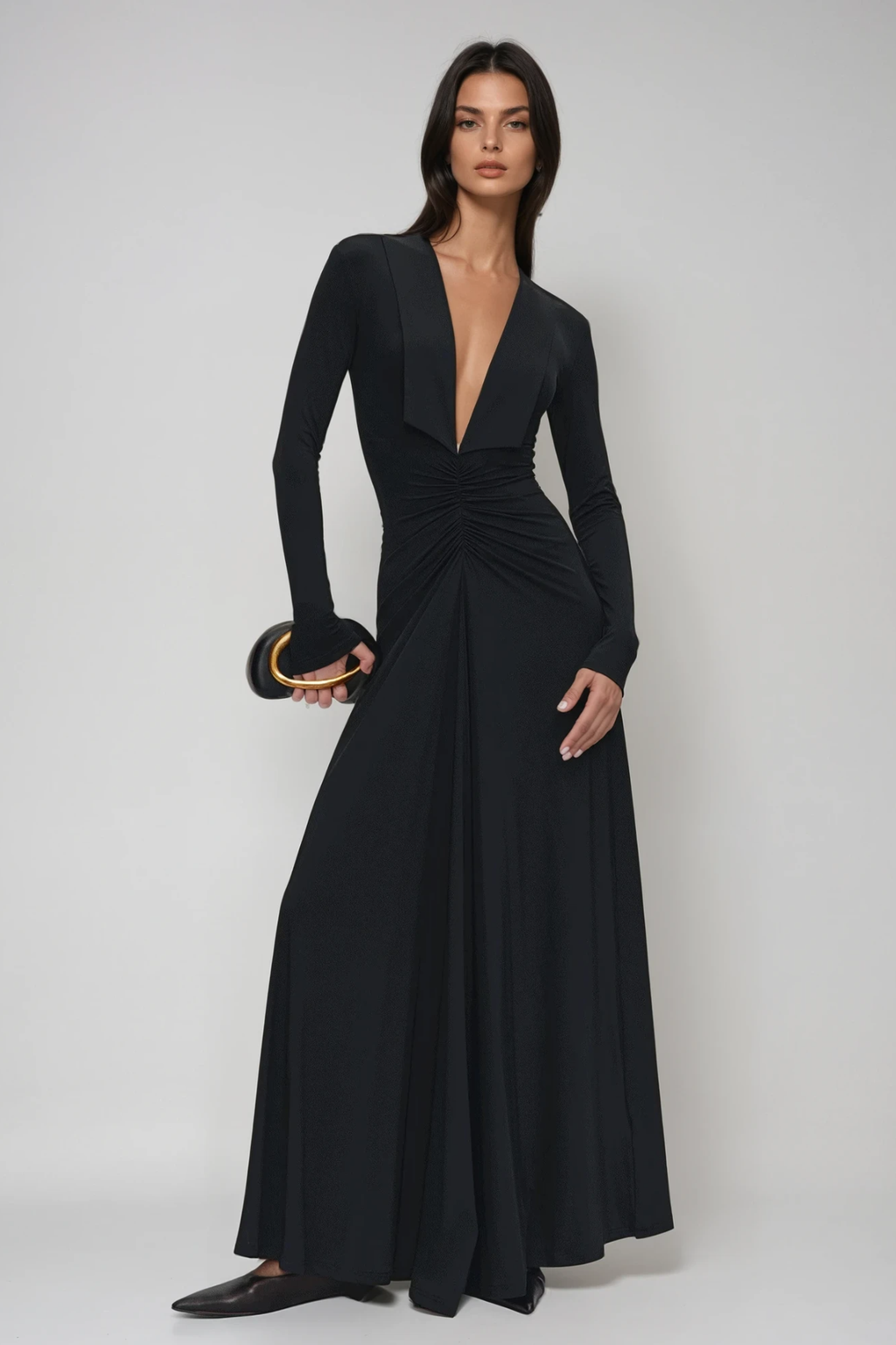 Durans Plunge Ruch Maxi Dress