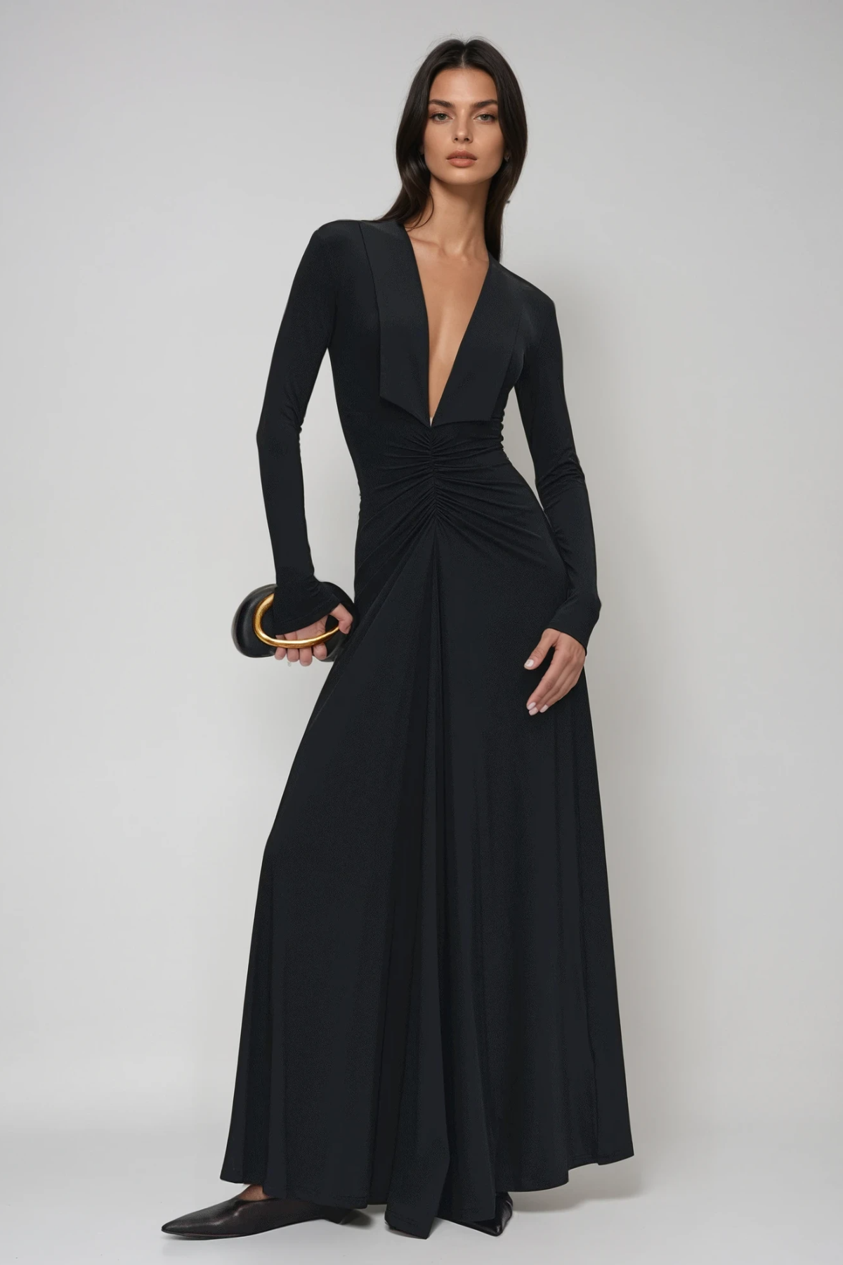 Durans Plunge Ruch Maxi Dress