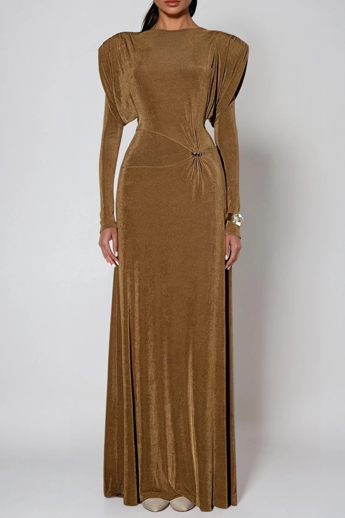 Dymphna Asymmetric Ruch Maxi Dress In Brown