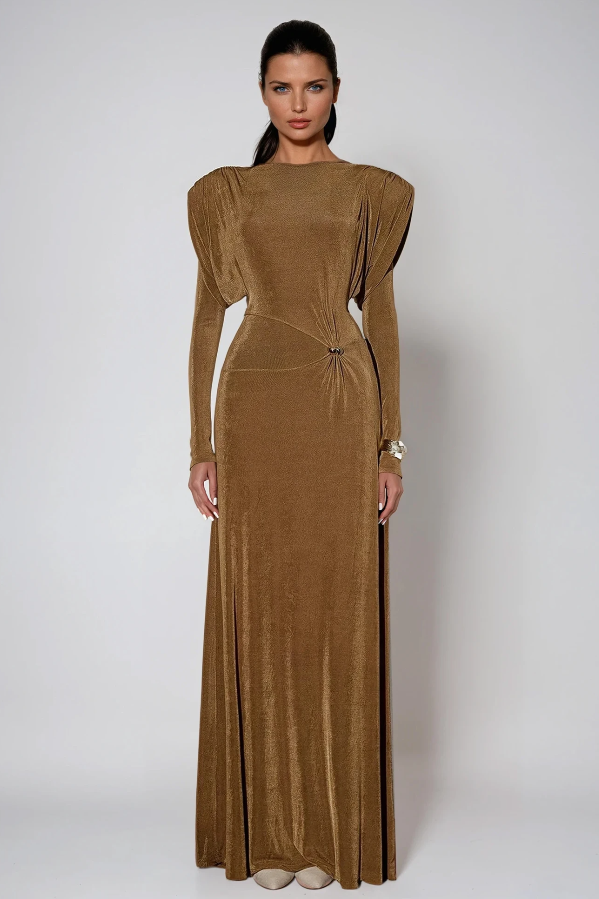 Dymphna Asymmetric Ruch Maxi Dress In Brown