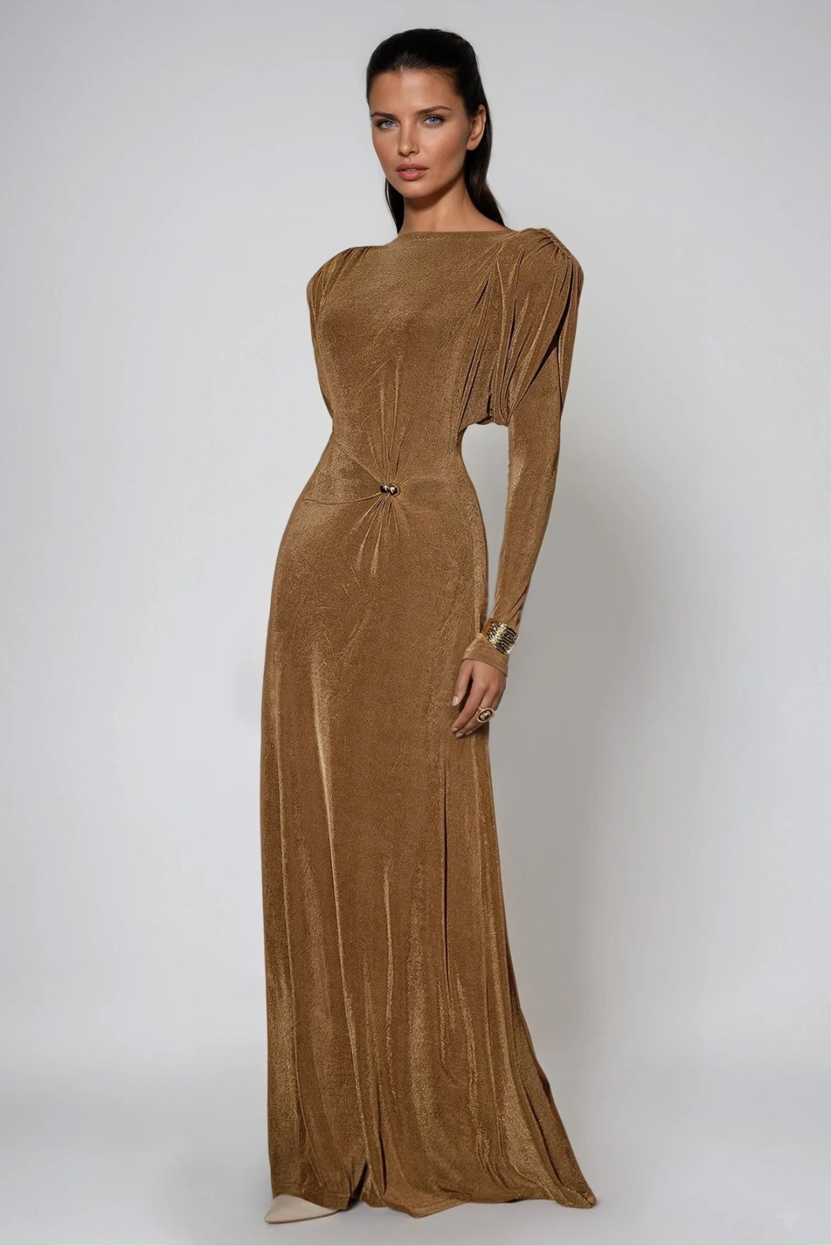 Dymphna Asymmetric Ruch Maxi Dress In Brown