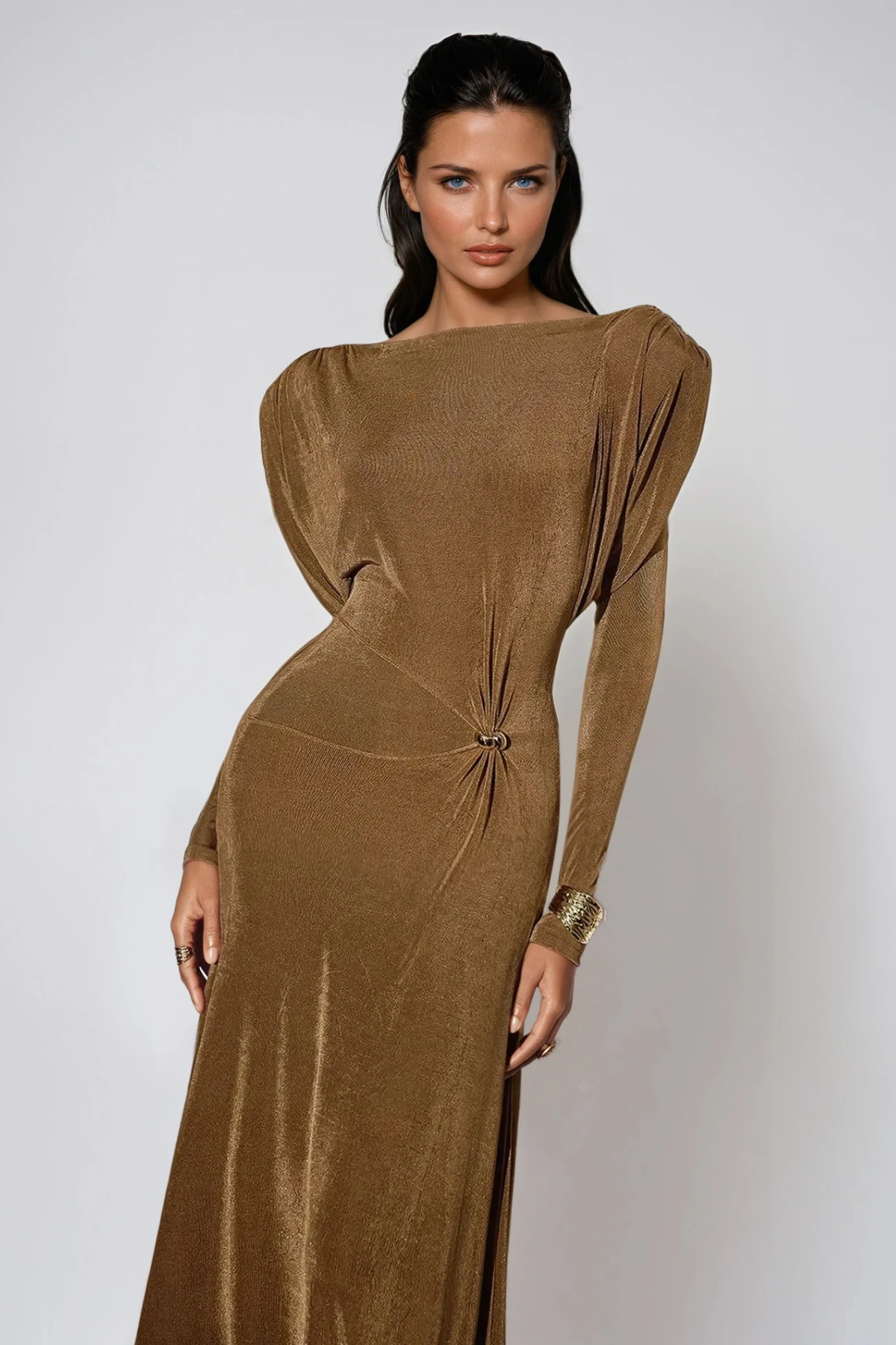 Dymphna Asymmetric Ruch Maxi Dress In Brown