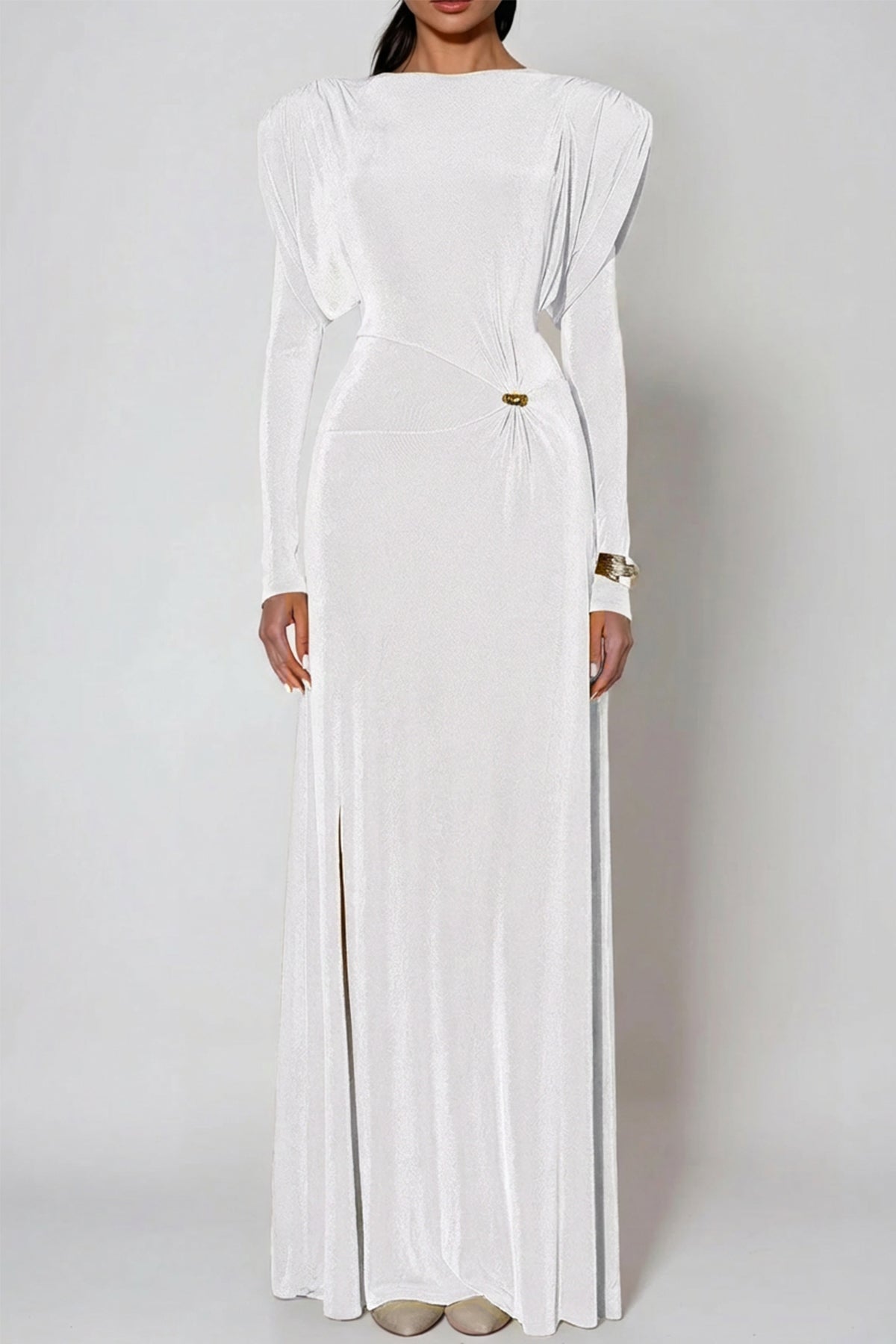 Dymphna Asymmetric Ruch Maxi Dress In White
