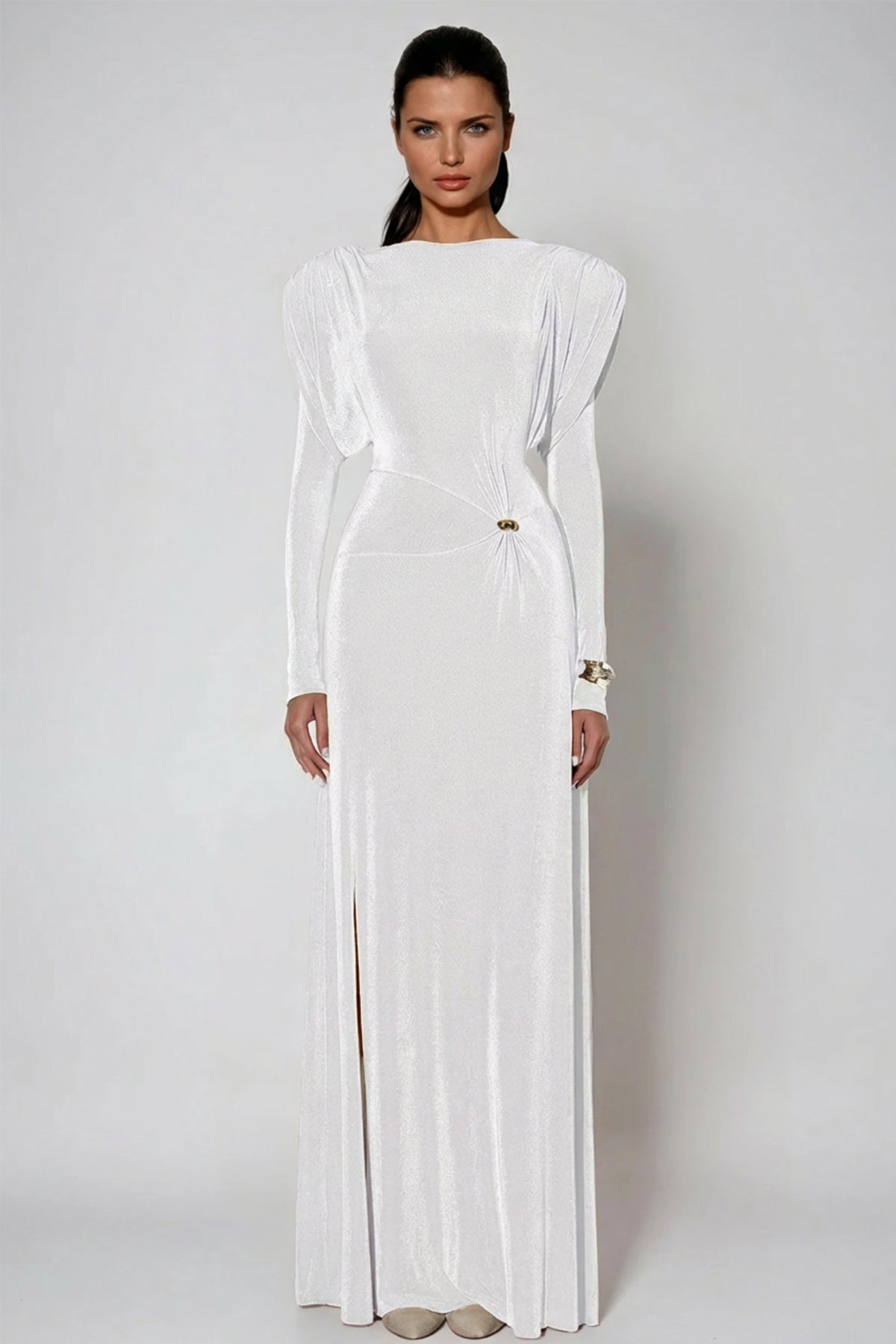Dymphna Asymmetric Ruch Maxi Dress In White