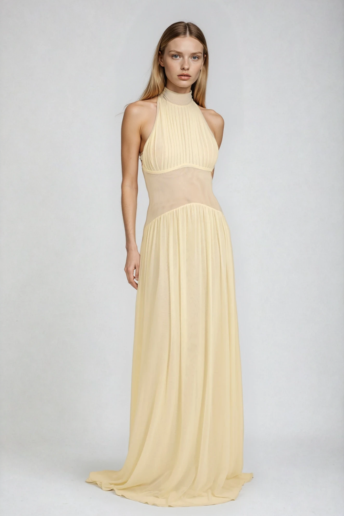 Dzidris Halter Neck Ruch Mesh Maxi Dress