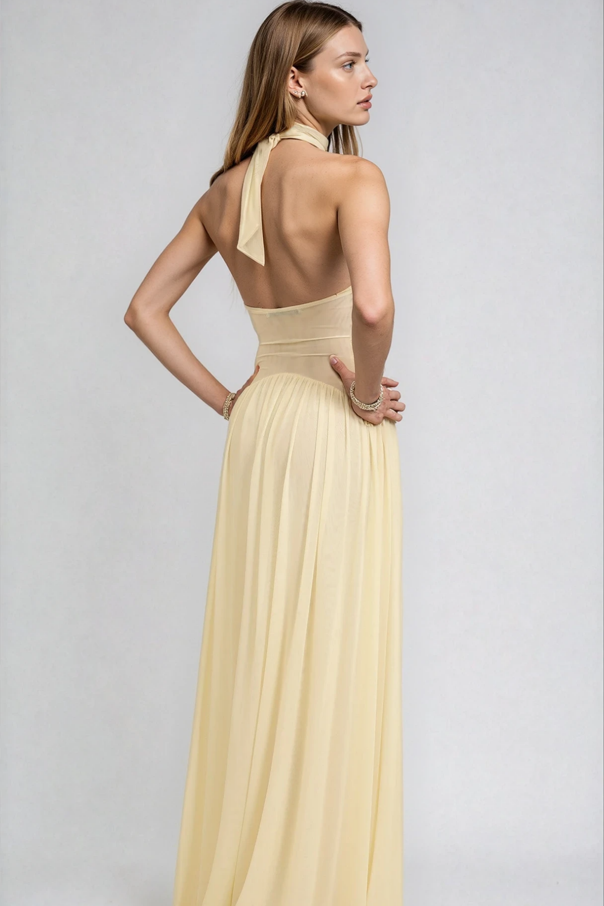 Dzidris Halter Neck Ruch Mesh Maxi Dress