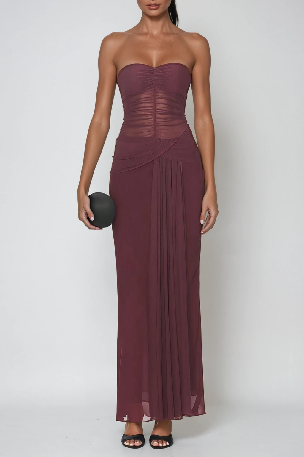 Dzmitry Strapless Ruch Mesh Maxi Dress