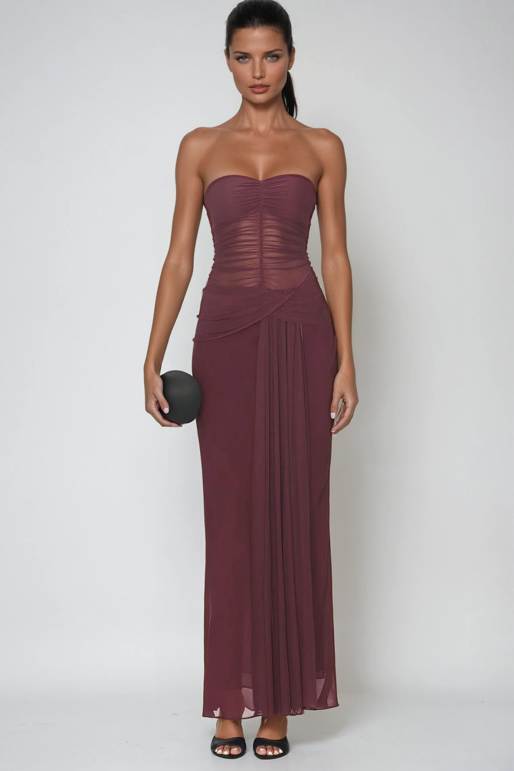 Dzmitry Strapless Ruch Mesh Maxi Dress
