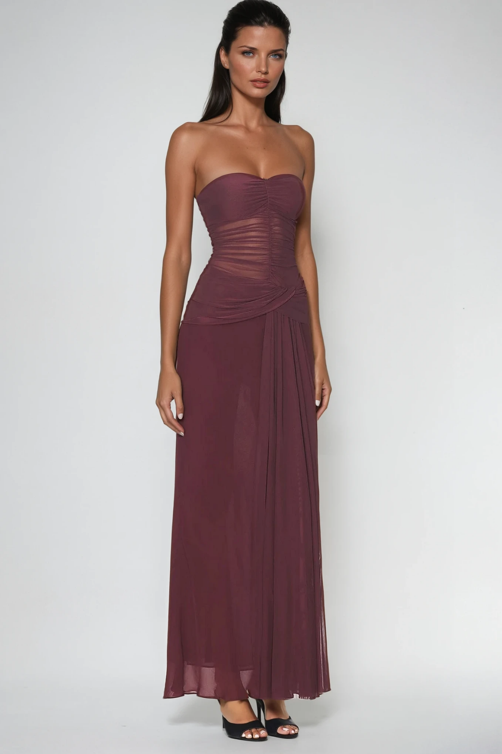 Dzmitry Strapless Ruch Mesh Maxi Dress