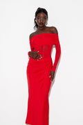 Earline Off Shoulder Ruch Mesh Maxi Dress In Red