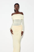 Earline Off Shoulder Ruch Mesh Maxi Dress In Yellow