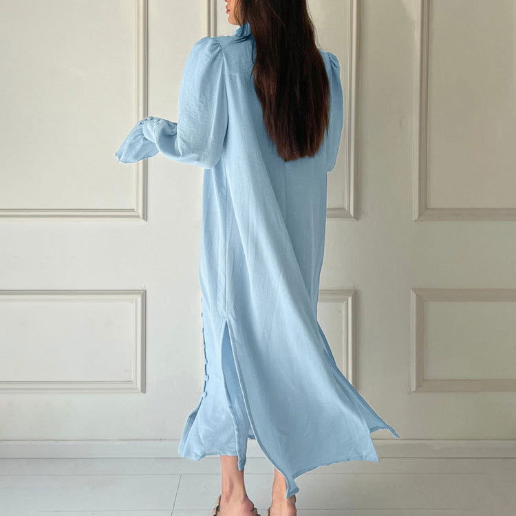 Early Solid Color Long Sleeve StCollar Design Shirt French Casual Slit Maxi Dress