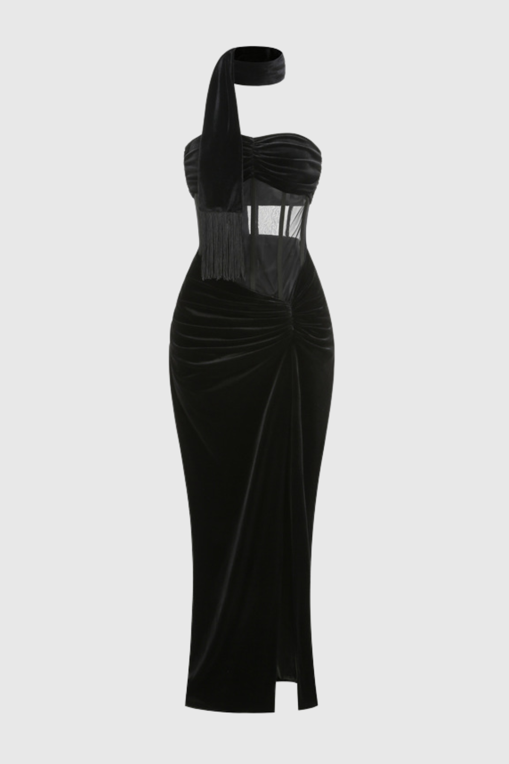 Edmuna Strapless Corset Velvet Ruched Maxi Dress