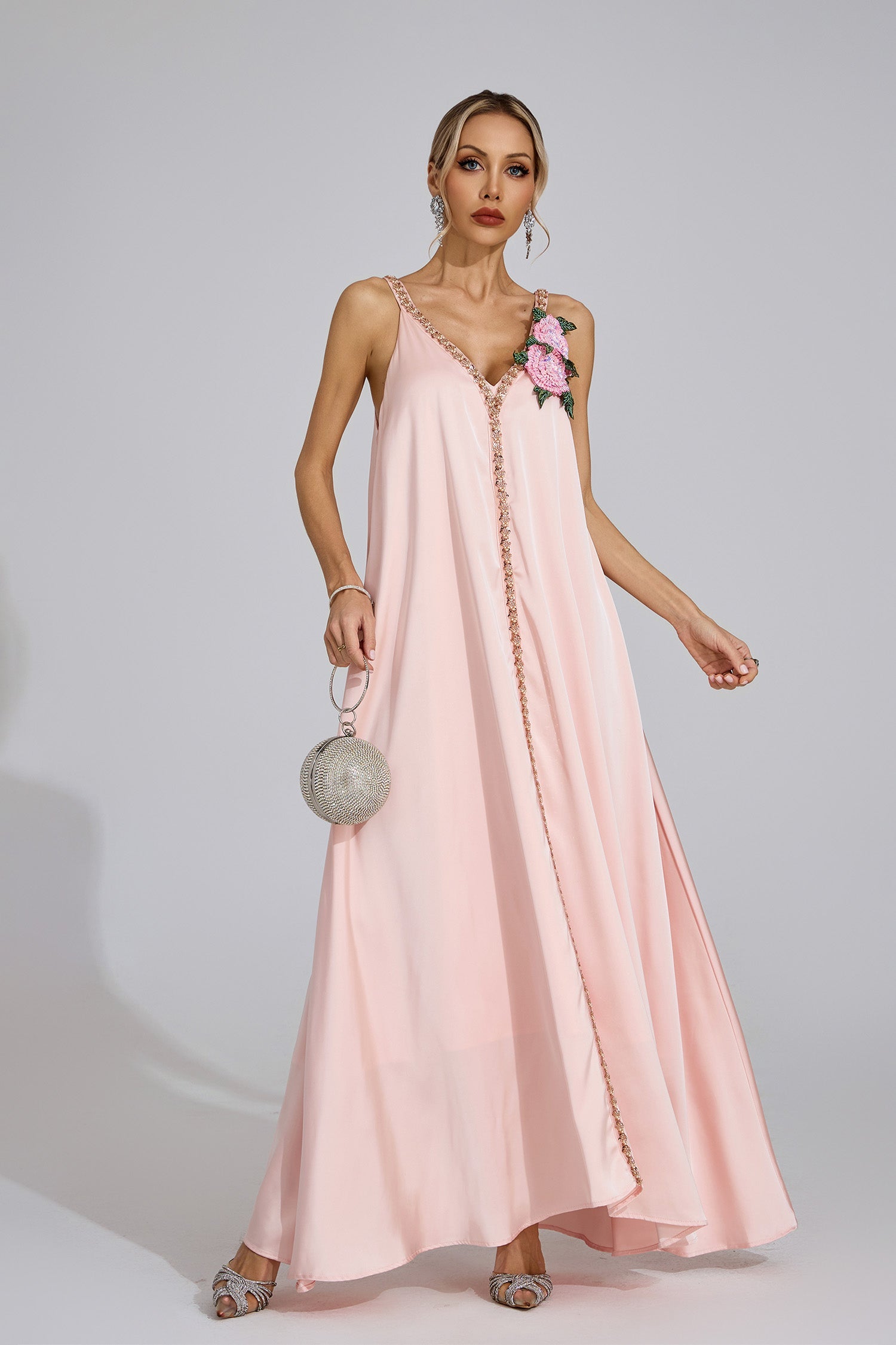 Eira Pink Satin Maxi Dress