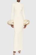Ekatera Crystal Puff Sleeves Maxi Dress - Beige