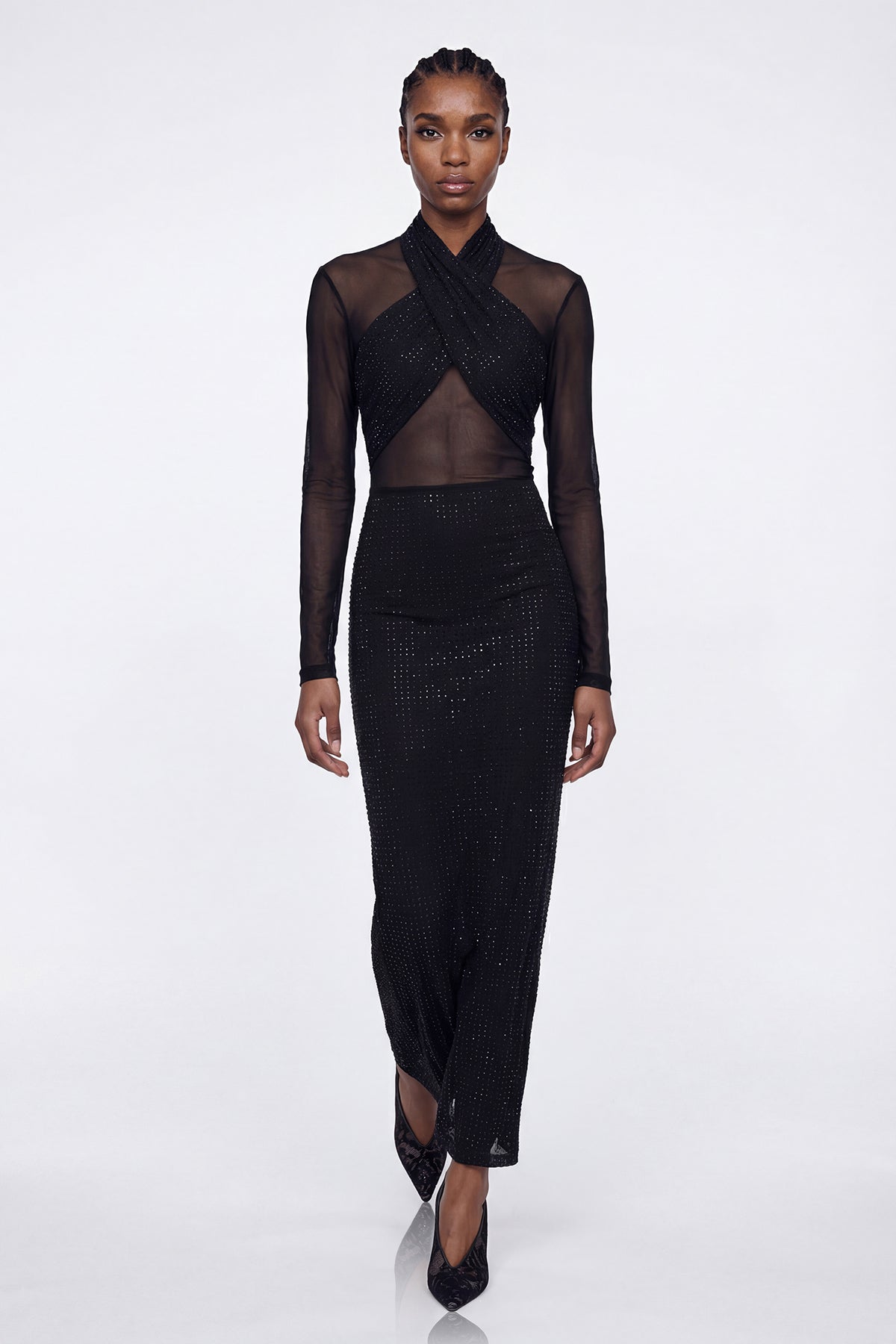 Elis Rhinestone Mesh Maxi Dress