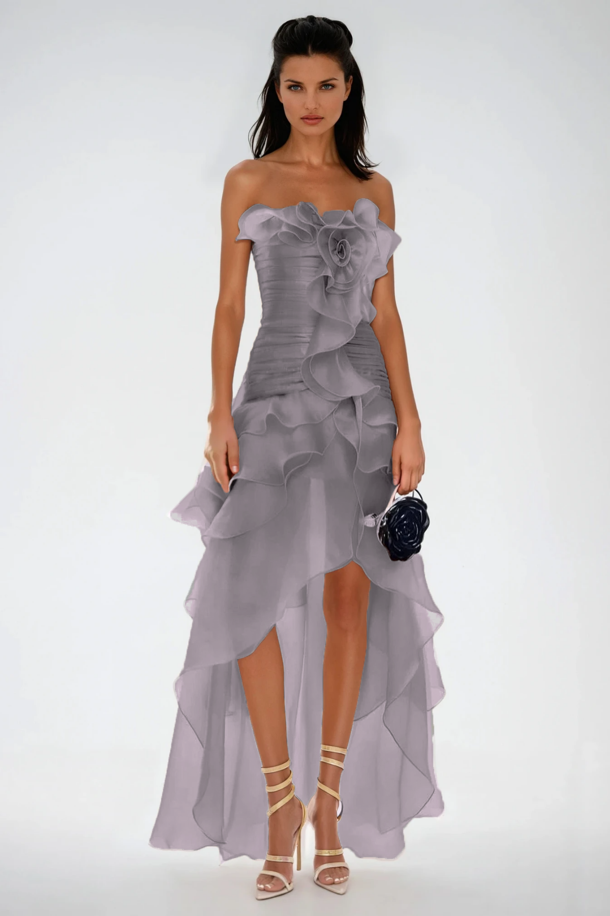 Elizabet Flower Ruch Ruffle Maxi Dress